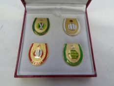 Cheltanham 2012 presentation box containing 4 lapel pins - Rock on Ruby, Finian's Rainbow, Big