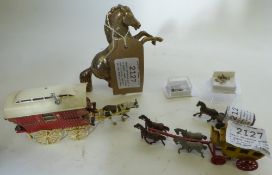 Small Matchbox model of a gypsy wagon, a horse and a pencil sharpner in the form of a buggy, and a