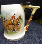 Large cream musical tankard with hunting scenes and the handle in the form of a crop