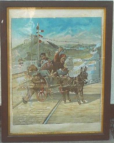 Framed humerous print depicting a donkey on a railway line