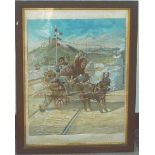 Framed humerous print depicting a donkey on a railway line