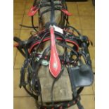 Set of red/black pony driving harness with horseshoe buckles