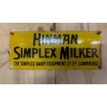 Enamel advertising sign - Hinman Simplex Milker, 12ins x 5ins