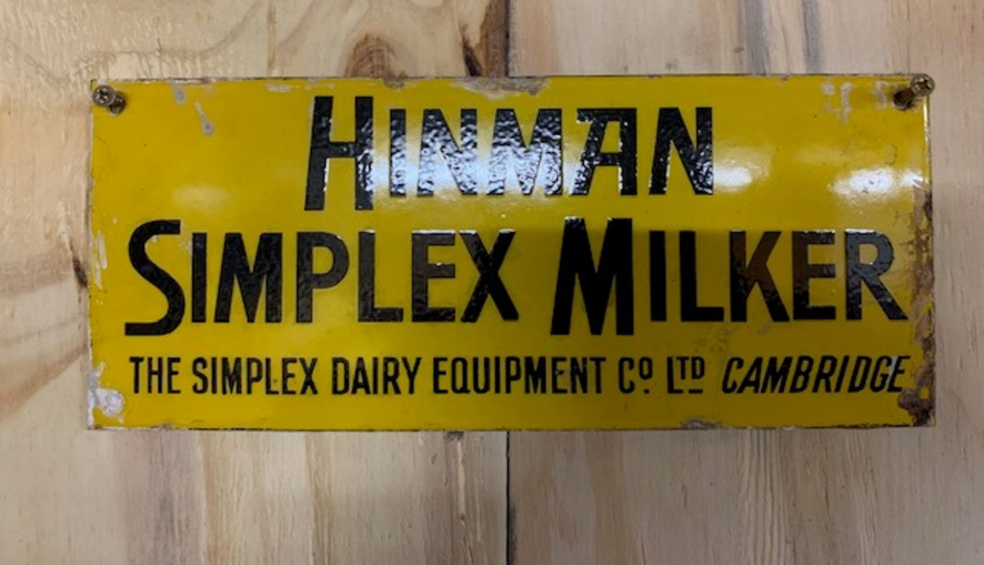Enamel advertising sign - Hinman Simplex Milker, 12ins x 5ins