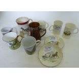A quantity of 8 mugs and 2 saucers with carriage images