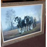 Large gilt framed antique oil on board depicting ploughing horses, signed by M. Jeffries