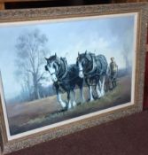 Large gilt framed antique oil on board depicting ploughing horses, signed by M. Jeffries