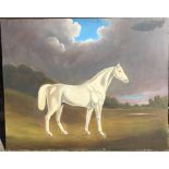 Unframed canvas oil painting of a white horse