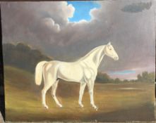 Unframed canvas oil painting of a white horse