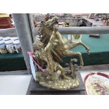 Brass model on a plinth of a rearing horse with handler, 16ins high x 12ins wide