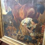 Large original Victorian gilt framed oil on canvas of a blacksmith shoeing a horse in a stable