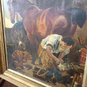 Large original Victorian gilt framed oil on canvas of a blacksmith shoeing a horse in a stable