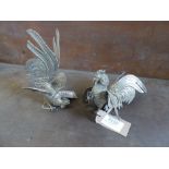 Pair of whitemetal fighting cocks