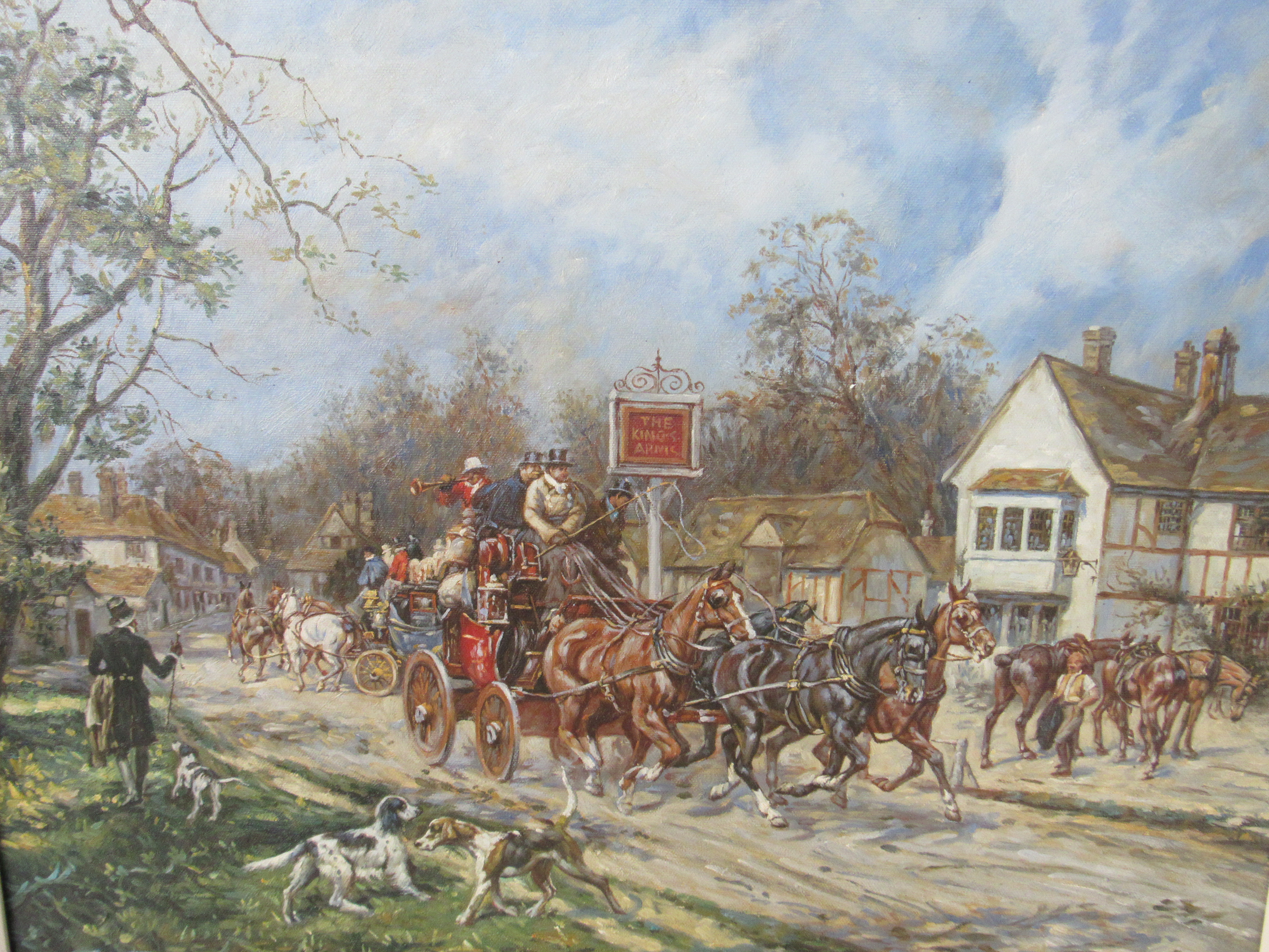 Large framed picture depicting a coach and team outside The Kings Arms