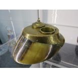 19th Century large cloven hoof double ink well with brass skirt, one hinged lid removed to use as