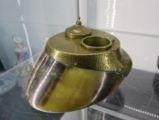 19th Century large cloven hoof double ink well with brass skirt, one hinged lid removed to use as