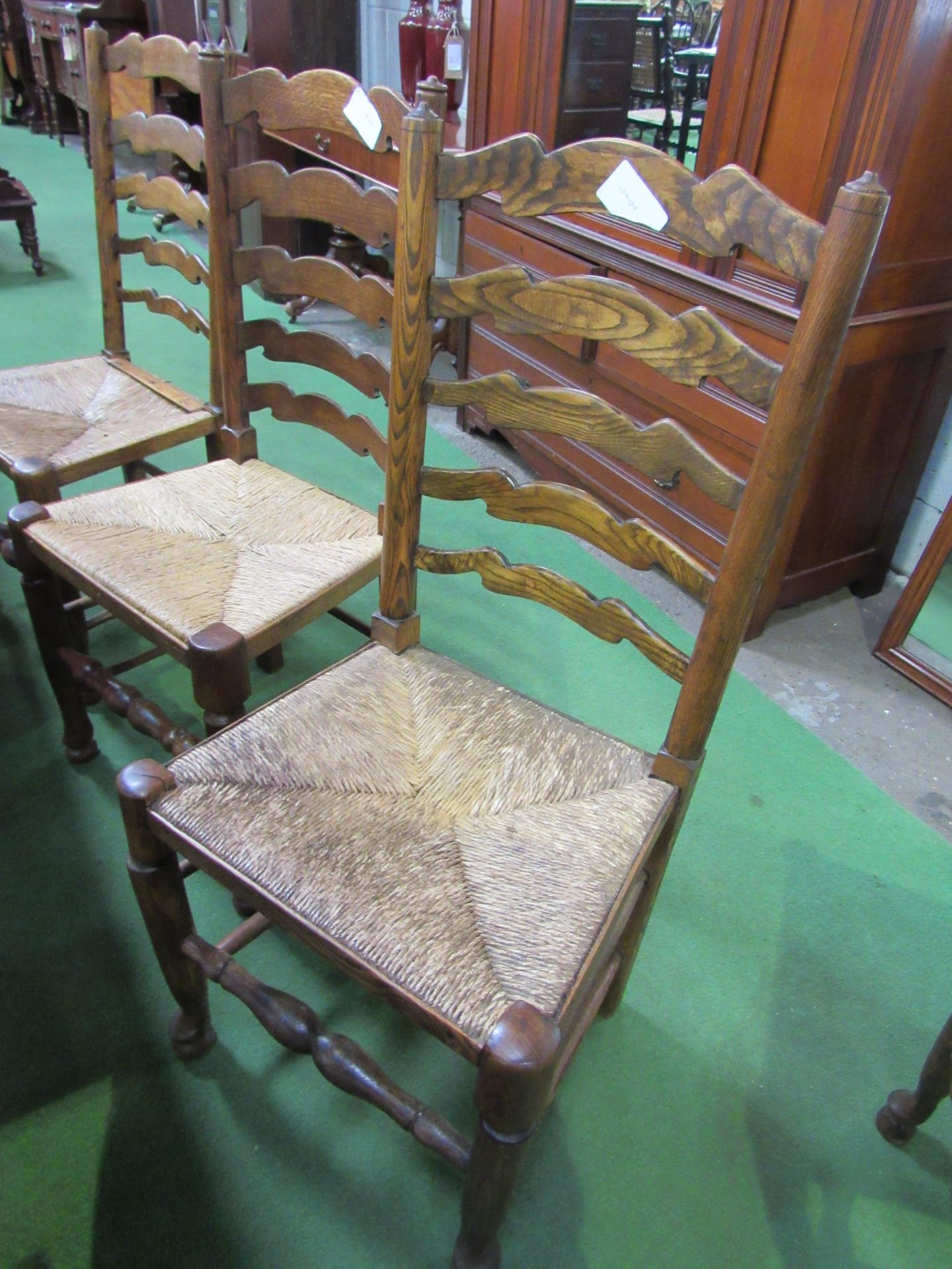 Set of 6 chairs and 2 carvers, mix of oak and elm ladder back with string seats, together with 3 - Image 4 of 5