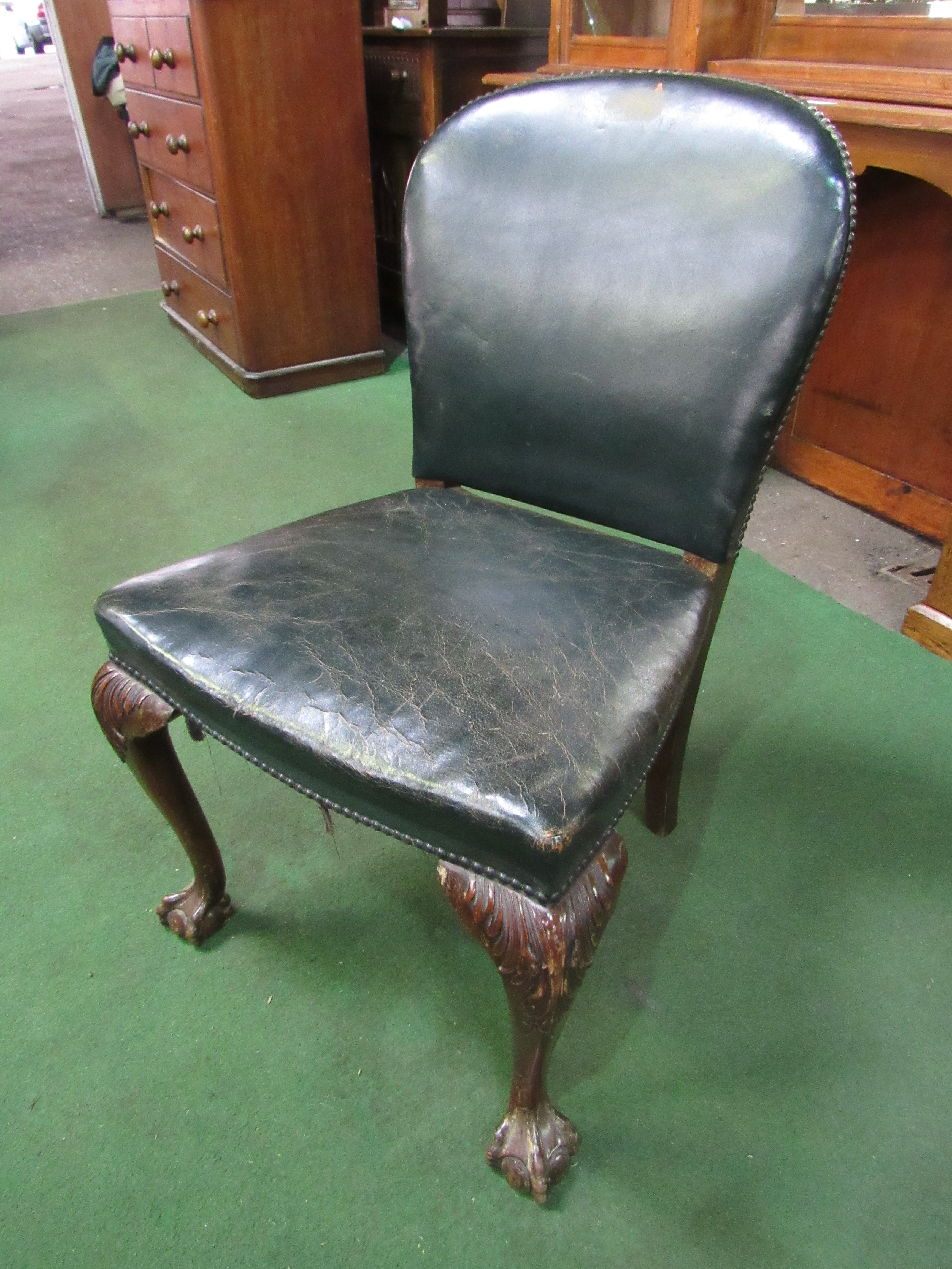 Green leather upholstered chair on ball and claw feet at front. Estimate £30-50. - Image 2 of 3