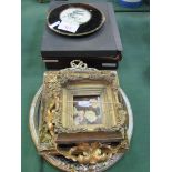 2 sets of place mats; 2 wall hanging roundels; 4 small gilt framed pictures. Estimate £10-20.