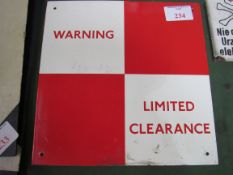 Large square enamel railway sign, ""Warning Limited Clearance"". Estimate £40-60.