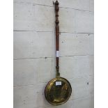 Brass and copper long handled bed warming pan. Estimate £10-20.