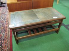 Teak tile-top coffee table by Anbercraft of Stoke-on-Trent, 85 x 44 x 39cms. Estimate £20-30.