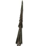 Fijian tribal barbed spear or sokilaki, circa 1880. Approximately 10 feet long, thickened in the