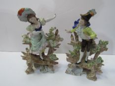 Pair of Scheibe-Alsbach figurines of a girl standing on a bench and boy standing on a bench (the