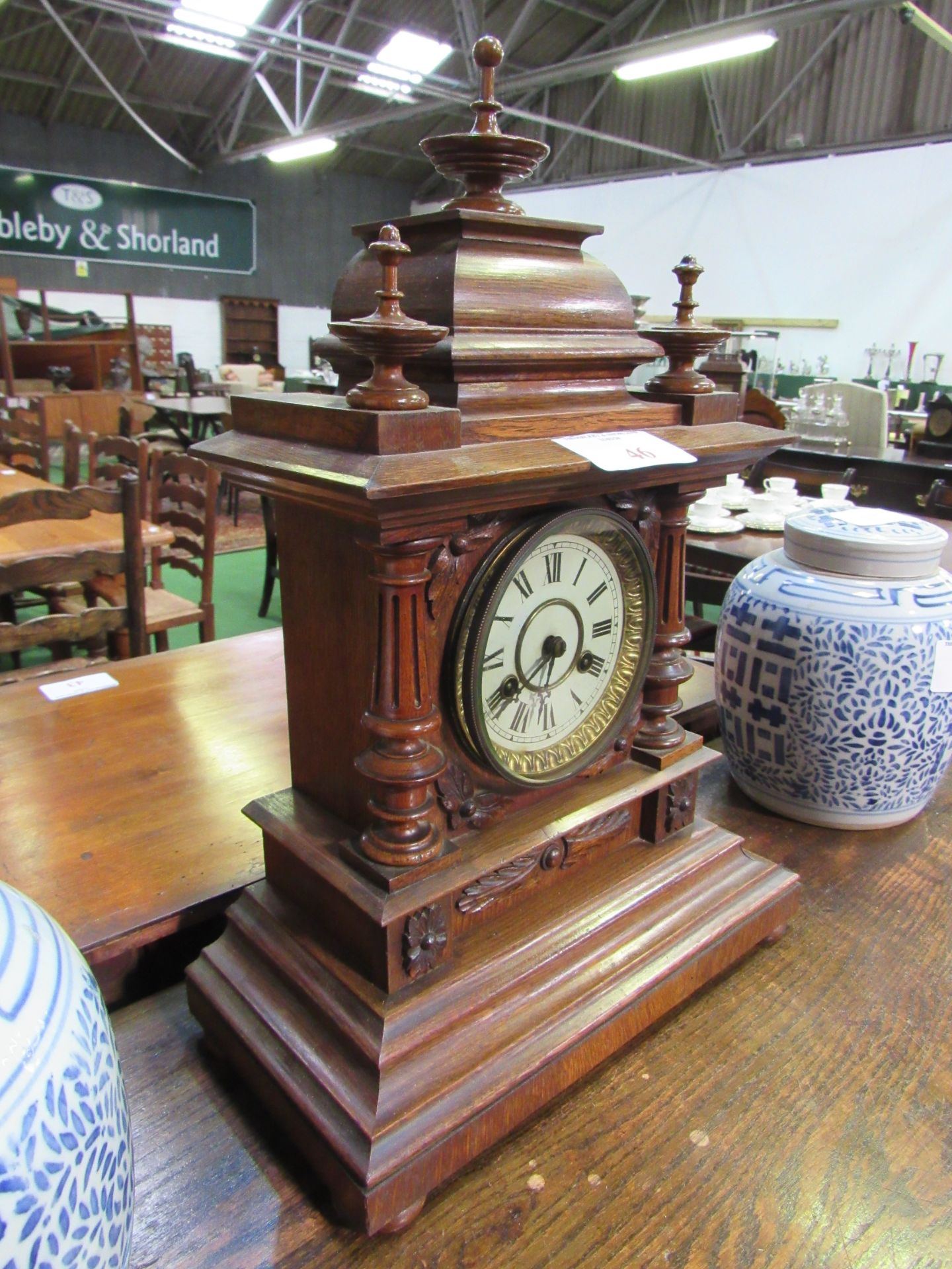 Oak case mantel clock with finial decoration. Height 52cms. Estimate £40-60. - Image 3 of 3