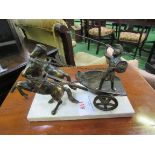 Art Deco bronze Roman Charioteer with pair of horses on white marble base. Estimate £35-50.
