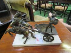 Art Deco bronze Roman Charioteer with pair of horses on white marble base. Estimate £35-50.