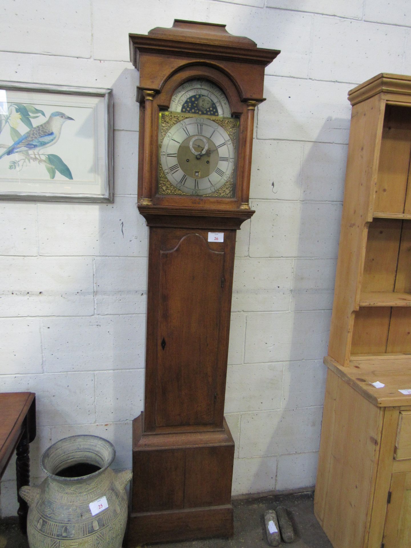 Oak longcase clock, break arch, moon phase, date aperture, seconds dial, face engraved 'James