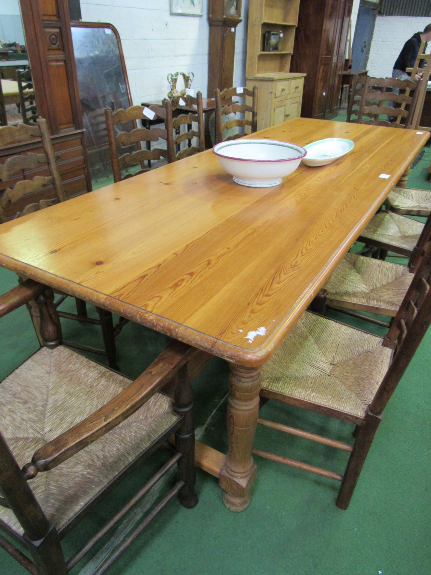 Long pine table on stretcher and block supports, 278 x 100 x 79cms. Estimate £50-80. - Image 3 of 3