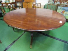 Mahogany oval tilt-top table on heavy pedestal, 150x 122 x 74cms. Estimate £40-60.
