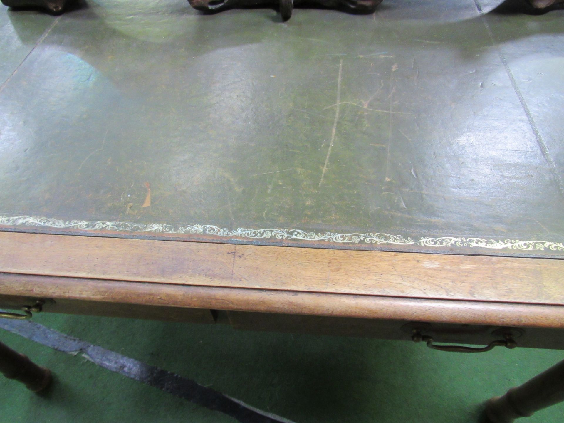 Mahogany writing table with leather skiver and 3 frieze drawers. 140 x 84 x 76cms. Estimate £20-40. - Image 4 of 4