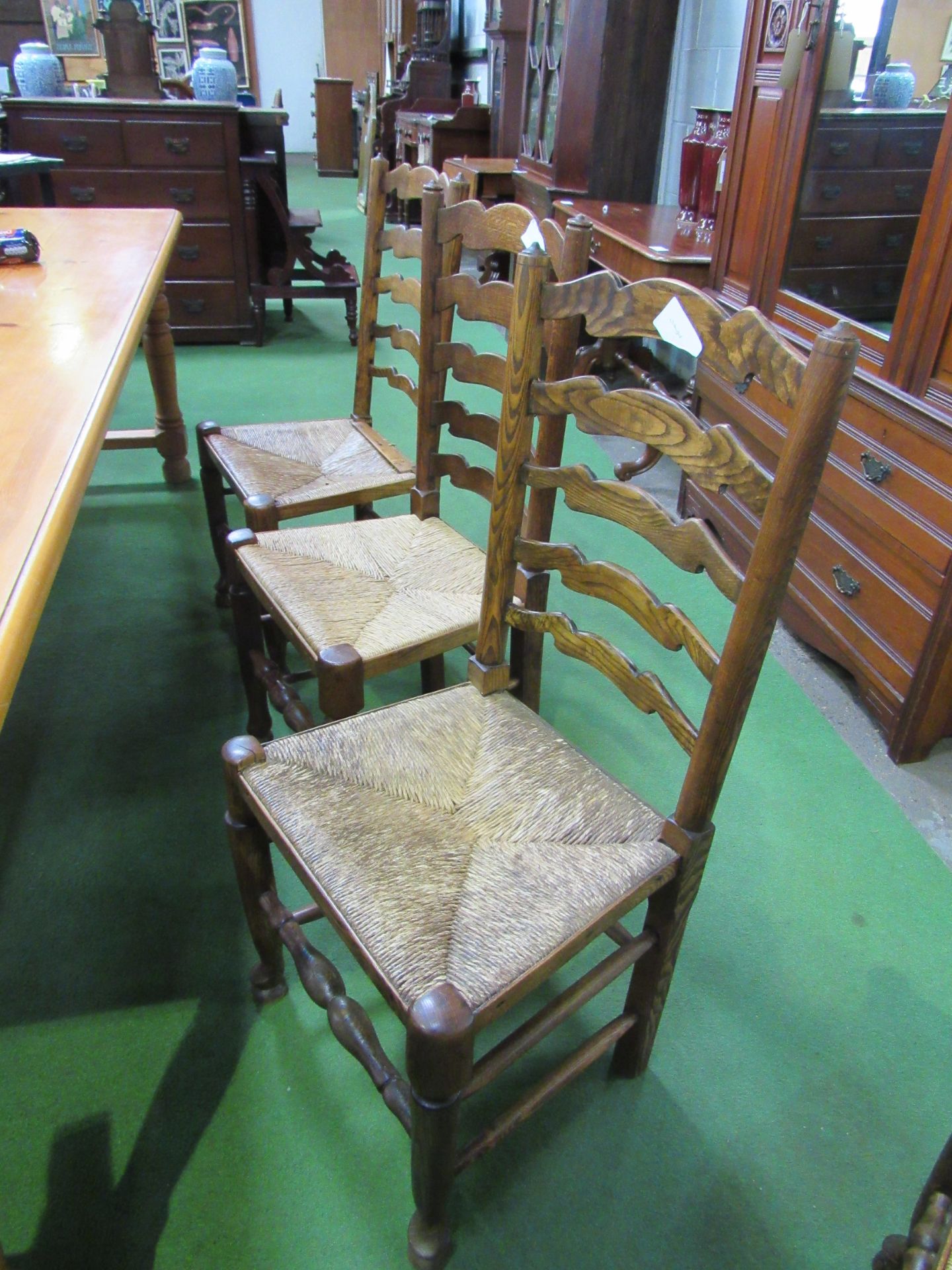 Set of 6 chairs and 2 carvers, mix of oak and elm ladder back with string seats, together with 3 - Image 3 of 5