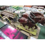 Antique wooden model of a logging waggon pulled by 2 horses, plus man and dog. Estimate £20-40.