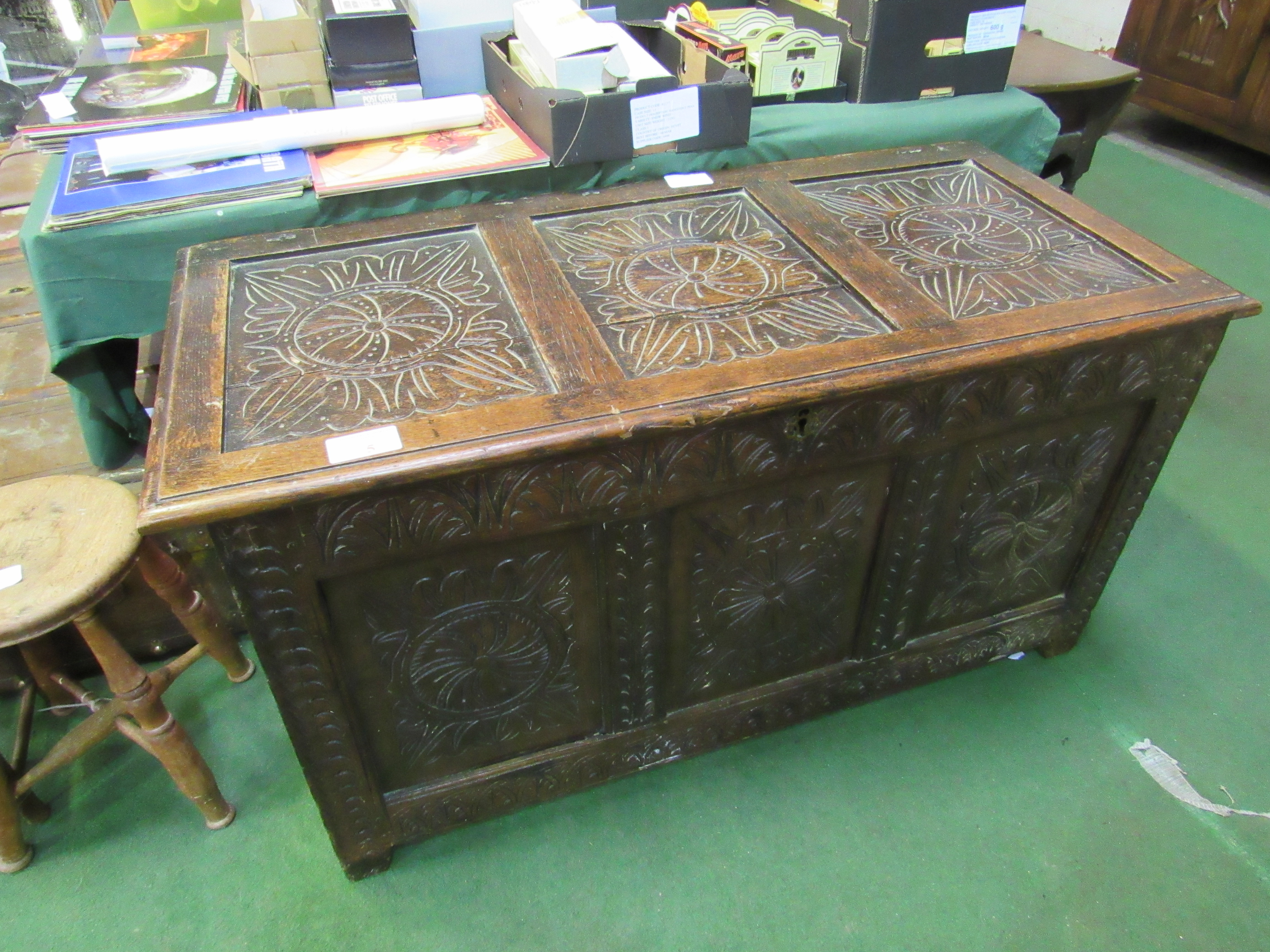 18th Century carved panel chest, as found. 123 x 56 x 66cms. Estimate £40-60.