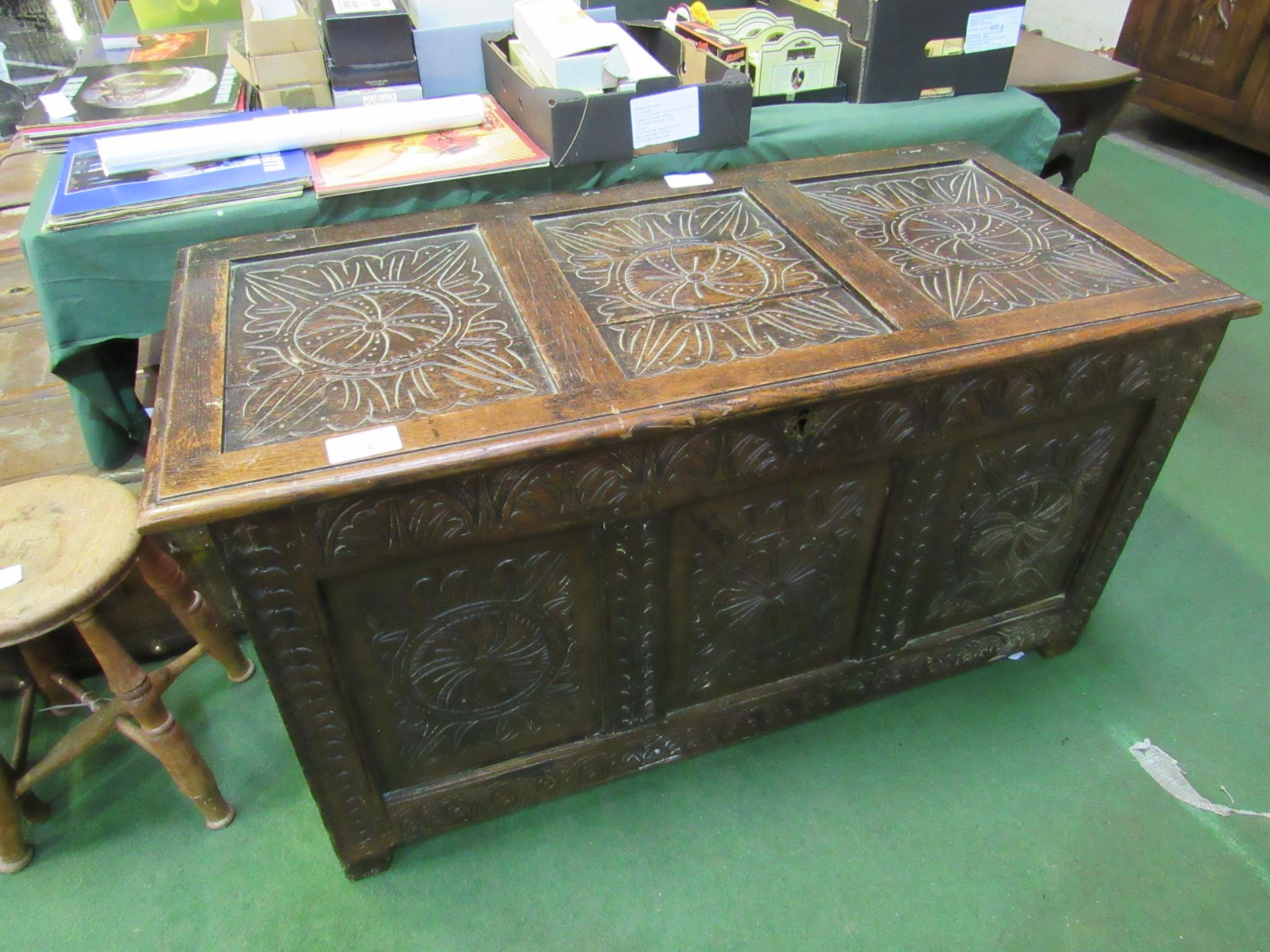 18th Century carved panel chest, as found. 123 x 56 x 66cms. Estimate £40-60.