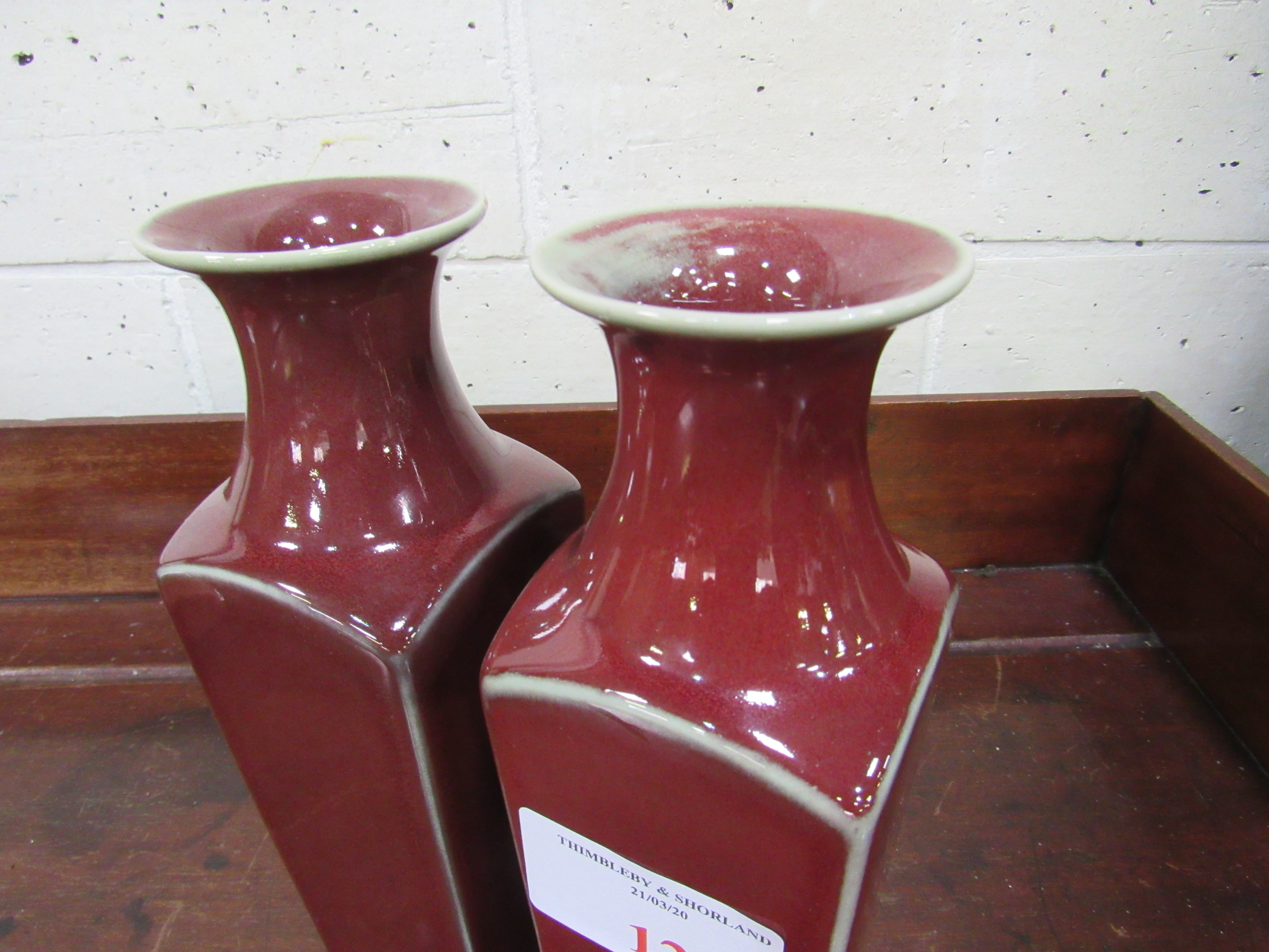 2 Sang de Boeuf vases. Height 26cms. Estimate £40-60. - Image 2 of 2