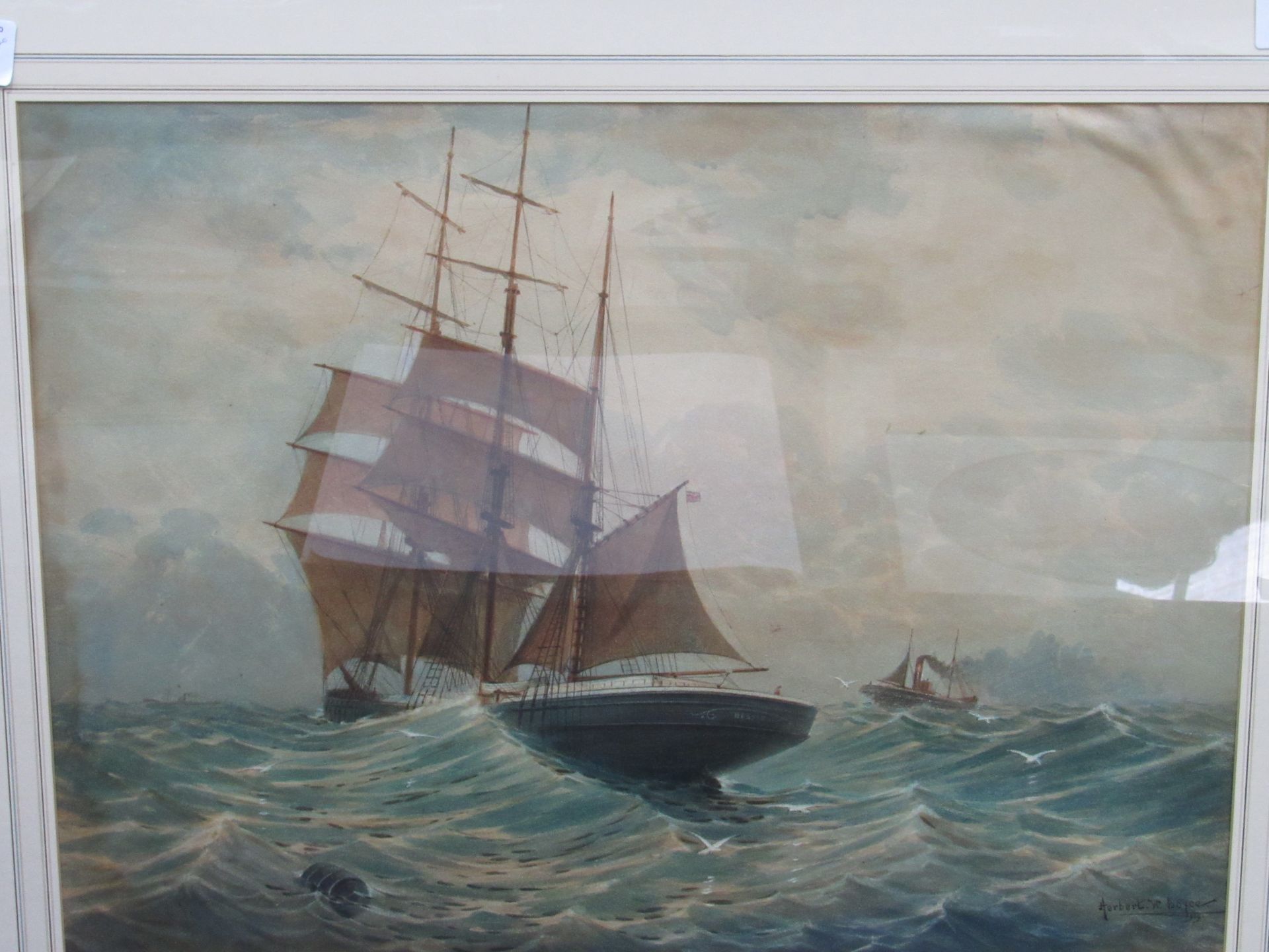 Gilt framed & glazed watercolour of a sailing ship, signed Herbert W Boyce, 1919, 54.5 x 74cms.