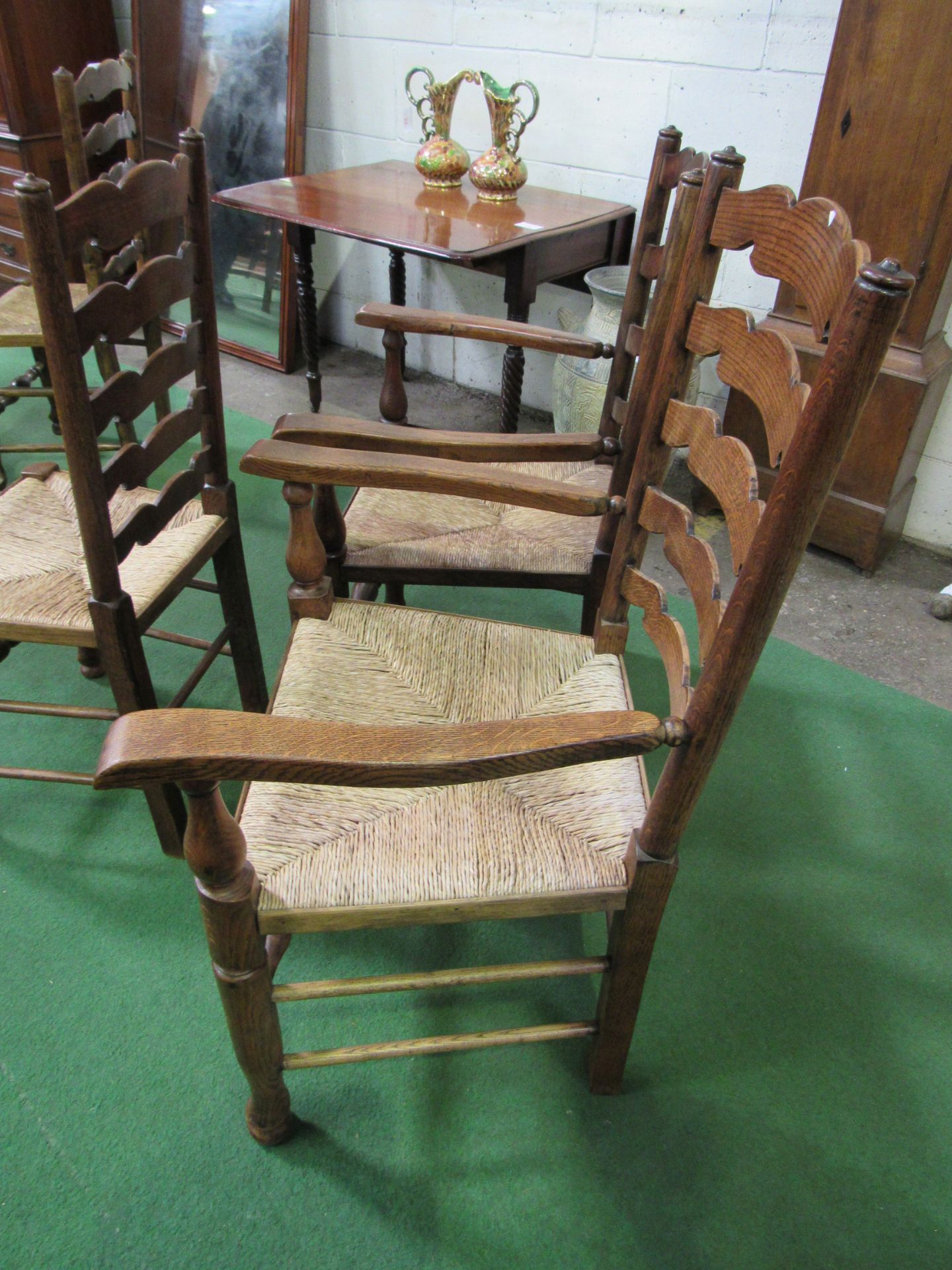 Set of 6 chairs and 2 carvers, mix of oak and elm ladder back with string seats, together with 3 - Image 2 of 5