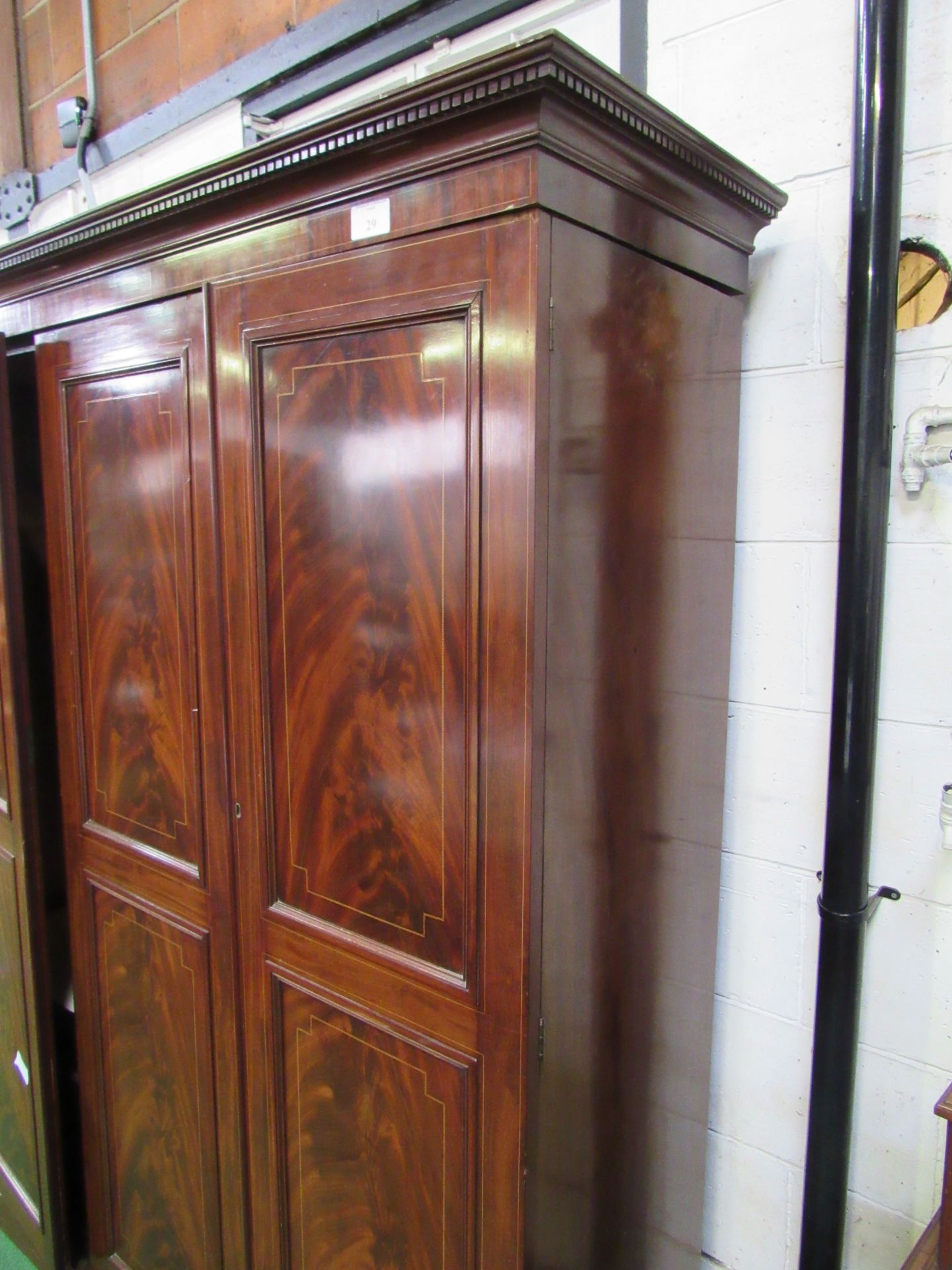 Edwardian Mahogany 3 section wardrobe, with hanging space above drawers, and flame mahogany panel - Image 3 of 7