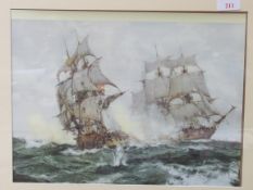 Framed and glazed print of 2 men o' war. Estimate £10-20.