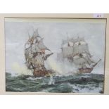 Framed and glazed print of 2 men o' war. Estimate £10-20.