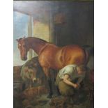 After Landseer - 'Shoeing the Bay Mare', oil on canvas, label on reverse. Canvas 140 x 110cms.