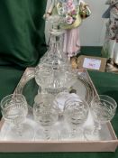 Small silver-plated tray marked JB&S, diameter 20cms together with 6 liqueur glasses and a decanter.