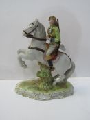 Scheibe-Alsbach porcelain rearing horse and rider figurine, height 28cms. Estimate£50-100.