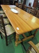 Long pine table on stretcher and block supports, 278 x 100 x 79cms. Estimate £50-80.