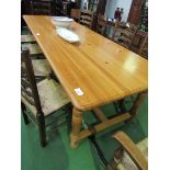 Long pine table on stretcher and block supports, 278 x 100 x 79cms. Estimate £50-80.